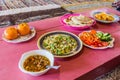 Food in Egypt - Eggs, fuul (beans), salad, bread and frui Royalty Free Stock Photo