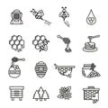 Bee and honey icons set. Thin line style stock.