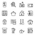 Kitchen and Cooking equipment icons set. Thin line style stroke vector.