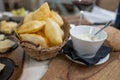 Food of Emilia Romagna region, deep fried bread gnocco fritto or crescentina served in restaurant in Parma, Italy