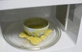 Food exploded in microwave oven - warning oven with cup food overflow