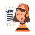 Food Express Delivery Service, Cheerful Girl Call Center Operator in Headset Accepting Order from Client Cartoon Style Royalty Free Stock Photo