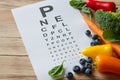 Food for eyes health, colorful vegetables and fruits, rich in lutein and eye test chart on wooden background, concept