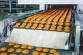 Food factory, industrial conveyor belt or line with process of preparation of sweet cookies, bakery and food production concept