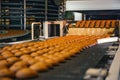 Food factory, production line or conveyor belt with fresh baked cookies. Modern automated confectionery and bakery Royalty Free Stock Photo