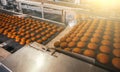 Food factory, production line or conveyor belt with fresh baked cookies. Modern automated confectionery and bakery Royalty Free Stock Photo