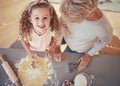 Food, family and portrait of girl baking with grandmother in kitchen, happy, relax and prepare cookies together Royalty Free Stock Photo