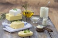 Food Fats and oil : set of dairy product and oil and animal fats on a wooden background