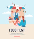 Food fest banner or poster template with hot dog seller and customers, flat vector.