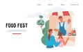 Food fest website banner template with hot dog seller and customers, flat vecto.