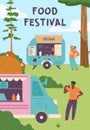 Food festival invitation flyer template, vegan food truck with people relaxing in nature, flat vector illustration.