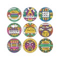 Food festival logo set, Burger Fest, Beer Festival, Hot Dog, Tako Festival, Rock food and music round labels or stickers