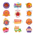 Food festival logo vector festive street fastfood logotype for restaurant event in city illustration set of catering on