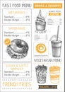 Fast food restaurant or cafe menu template. Hand drawn burgers, desserts and drinks illustrations. Food truck flyer design on chal