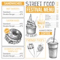 Fast food restaurant or cafe menu template. Hand drawn burgers, desserts and drinks illustrations. Food truck flyer design on whit