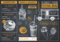 Fast food restaurant or cafe menu template. Hand drawn burgers, desserts and drinks illustrations. Food truck flyer design on chal
