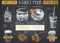 Food truck menu design on chalkboard. Fast food Restaurant flyer. Vector cafe template with hand drawn graphic - burgers, drinks,