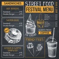 Food truck menu design on chalkboard. Fast food Restaurant flyer. Vector cafe template with hand drawn graphic - burgers, drinks,