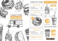 Fast food restaurant or cafe menu template. Hand drawn burgers, desserts and drinks illustrations. Food truck flyer design on chal