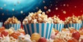 background film popcorn food cinema red corn bucket isolated box blue. Generative AI. Royalty Free Stock Photo