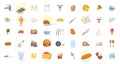 Food flat icon set with bread, hamburger, sushi, ice cream, dish, sausage, kitchen, pizza