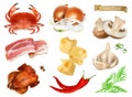 Food flavors and seasonings for snacks, natural additives, spice and other taste in cooking. 3d vector icon set Royalty Free Stock Photo