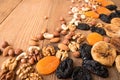 Food frame background with dried fruits and nuts: prunes, apricots, figs, hazelnuts, almond, cashew, walnut, peanuts over on old