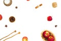 Food frame composition. Apple, sugar, cinnamon and acorns on white background. Flat lay
