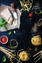 Food frame, italian food background, healthy food concept or ingredients for cooking pasta on a vintage background