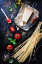 Food frame, italian food background, healthy food concept or ingredients for cooking pasta on a vintage background