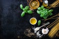 Food frame, italian food background, healthy food concept or ingredients for cooking pesto sauce on a vintage background