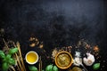 Food frame, italian food background, healthy food concept or ingredients for cooking pesto sauce on a vintage background