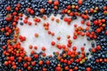 Food frame with mix of strawberry, blueberry. Top view. Vegan and vegetarian concept. Summer berries background Royalty Free Stock Photo