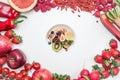 Food frame of red eatables isolated in white background