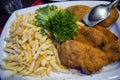 Food. French fries and breaded meat or fish with green fresh salad leaves. dinner time. lunch in restaurant. business Royalty Free Stock Photo