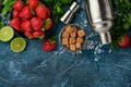 Food fresh ingredients for making lemonade, infused detox water or cocktail. Strawberries, lime, mint, basil, cane sugar, ice Royalty Free Stock Photo