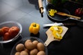 Food and fresh vegetables and salad bowls on kitchen table on top view .Healthy eating concept Royalty Free Stock Photo