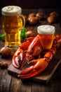 red snack beer crab crayfish glass seafood rustic food background crawfish. Generative AI. Royalty Free Stock Photo