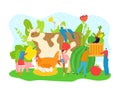 Food fruit vegetable farm agriculture market, flat farm non gmo product, vector illustration. Man woman character with Royalty Free Stock Photo