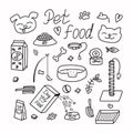 Food and goods for pets. Doodle style. Items for the care and feeding of cats and dogs. Toys for animals.