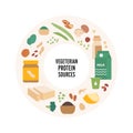 Food guide concept. Vector flat modern illustration. Vegaterian protein sources food plate infographic in circle frame. Colorful