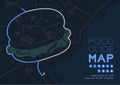 Food guide direction map travel with icon concept, Road hamburger shape design in nighttime mode illustration isolated on grey