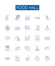 Food hall line icons signs set. Design collection of Cafeteria, Delicatessen, Restaurant, Bistro, Eatery, Stall, Cuisine