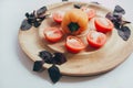 Food, healthy eating and nutrition concept - sliced pumpkin and other vegetables on wooden board Royalty Free Stock Photo