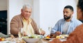 Food, holidays and a family at the dinner table of their home together for eating a celebration meal. Love, thanksgiving