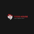Food house catering restaurant bistro logo with house roof, bubble talk, knife and fork icon symbol