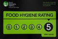 Food Hygiene Food Rating Sign, has a 5 rating very good. Close up of sign.
