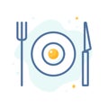 Food icon line style. Set of dishes, plate, fork, knife, omelette. Vector Royalty Free Stock Photo