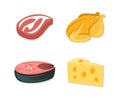 Food icon set, bacon steak, grilled chicken, fish steak, slice of cheese. Food ingredient, meal, meat and dairy products, vector d