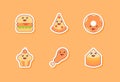 food icon set collection package burger pizza doughnuts cupcake fried chicken isolated background kawai emoticon face cute fun